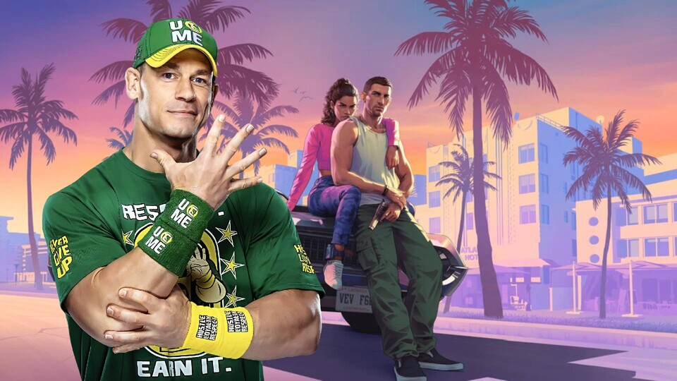 Bild von John Cena neben einem Bild des Videospiels GTA 6