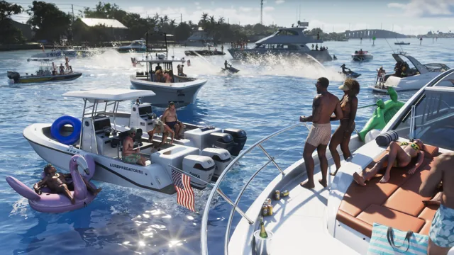 Bild aus dem GTA 6-Trailer mit einer Gruppe von Menschen, die im Meer in der Nähe einer Yacht schwimmen.